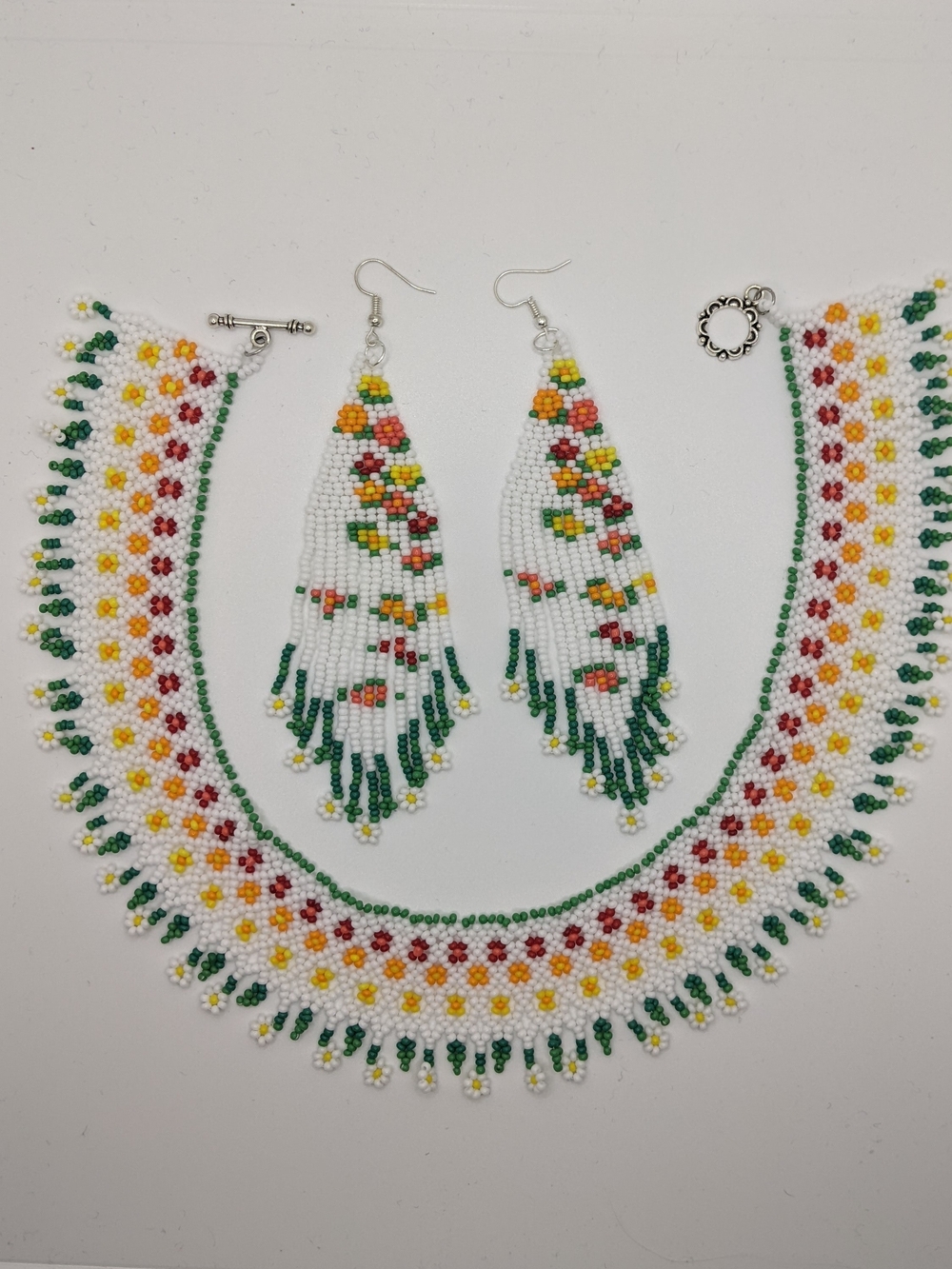 White Beaded Floral Fringe Necklace and Earring Set - Yellow, Red & Green